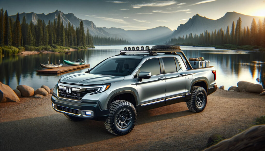 2021 Honda Ridgeline parked on a serene lake surrounded by nature's beauty.