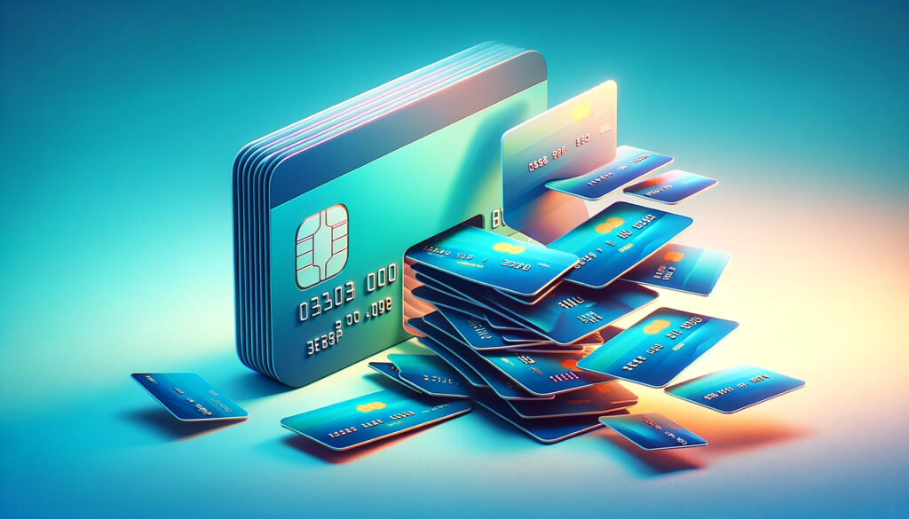 A stack of credit cards on a blue background, symbolizing debt consolidation.