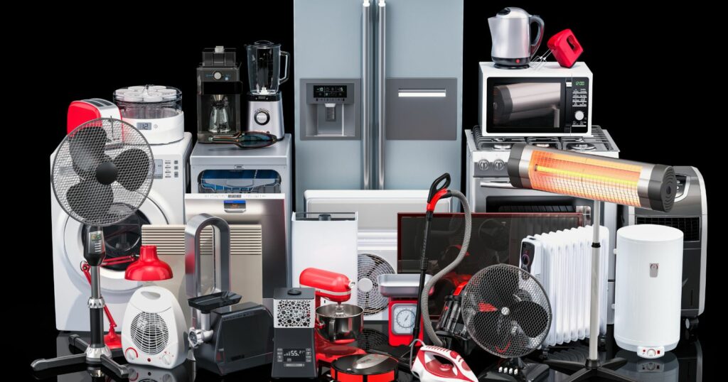 A diverse assortment of appliances and electronics, including televisions, refrigerators, and microwaves.