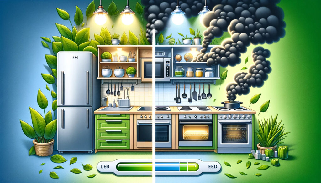 A kitchen with smoke and plants, showcasing environment friendly appliances.