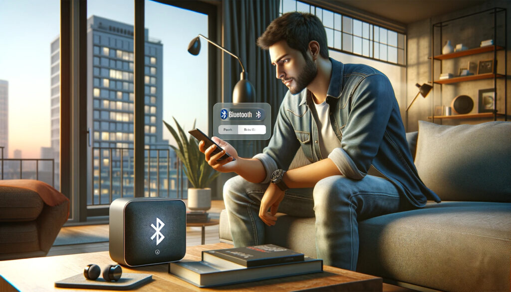 A person sitting on a couch with a Bluetooth speaker and smartwatch. Setting up Bluetooth Connectivity.