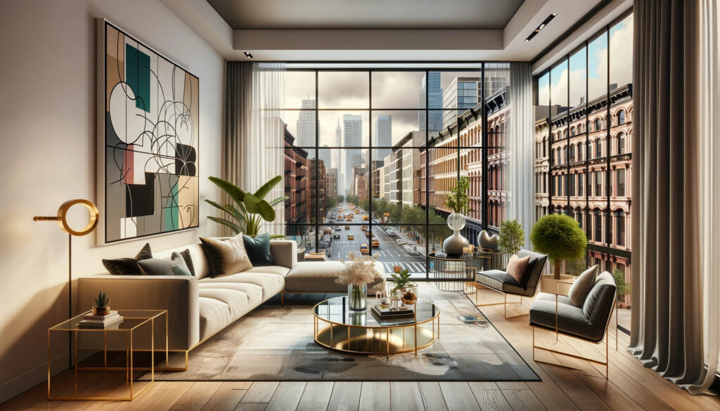 Chic Soho apartment living room overlooking the cityscape.