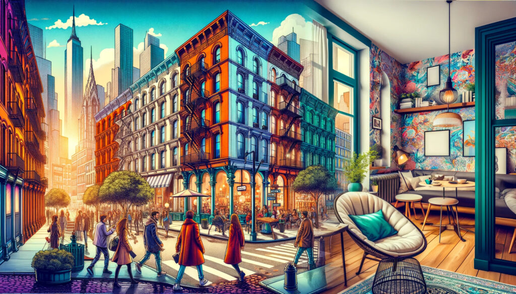 Vibrant cityscape with people strolling down the street, showcasing chic Soho apartment lifestyle.