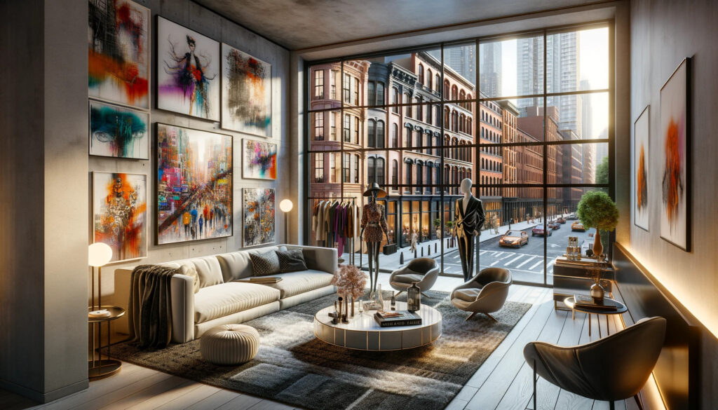 Spacious living room with expansive windows and a captivating large painting, embodying chic Soho apartment lifestyle.