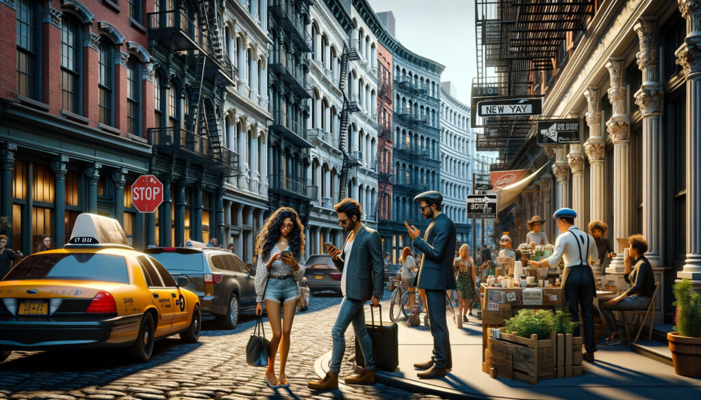 Soho's lively street view featuring people walking and standing on the sidewalk, reflecting the trendy apartment lifestyle.