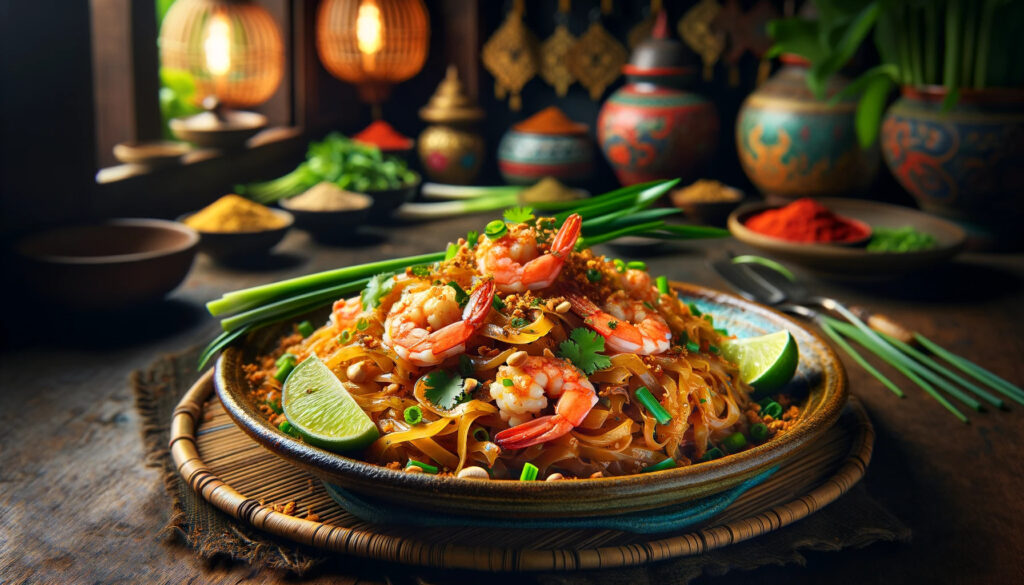A delicious bowl of noodles with succulent shrimp and fresh vegetables, a perfect blend of flavors and textures.