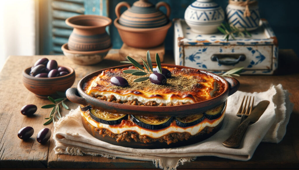 Greek food with olives and cheese on a wooden table. Paella Spain.