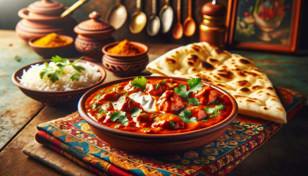 Indian food with rice, naan, and various dishes on a wooden table. A delicious and aromatic feast.