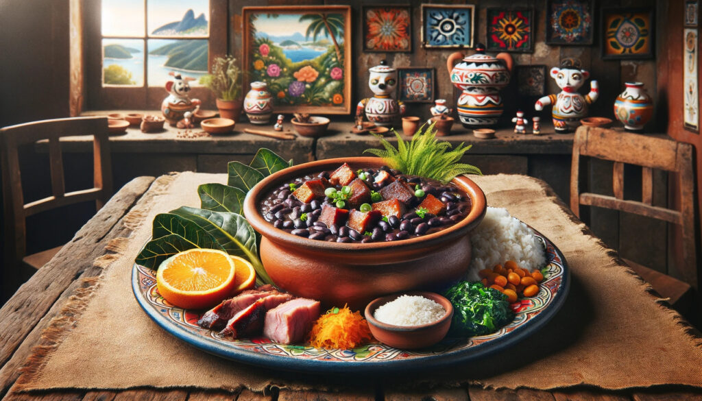 A bowl of  Brazilian  Feijoada food on a table in front of a painting.