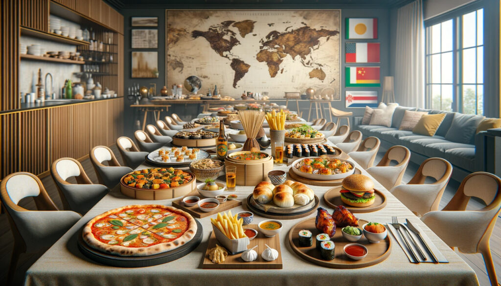 A room with a table adorned with global cuisine, featuring an array of delicious food and drinks.
