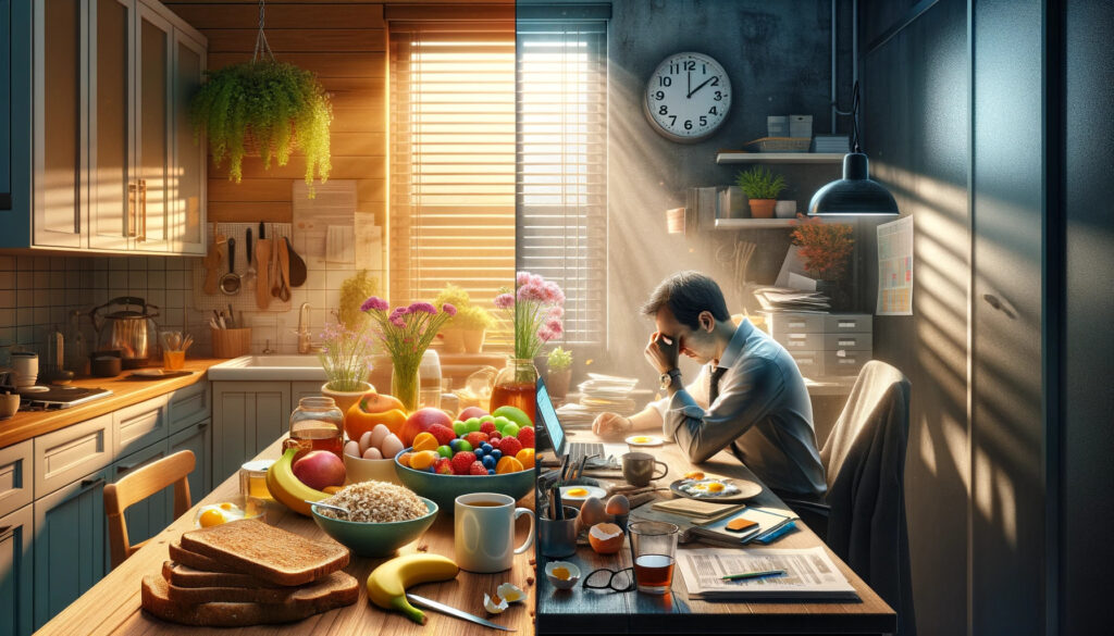 An image of a man sitting at a table with food and fruit, intentionally skipping breakfast.