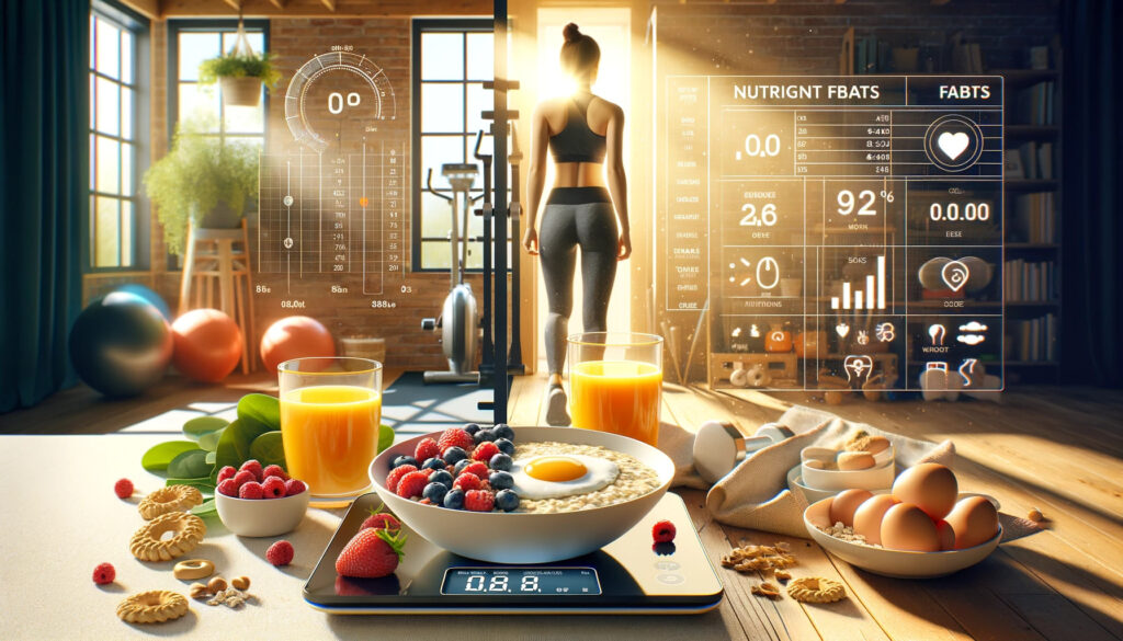 A woman stands before a table of breakfast and other items, promoting weight management and a healthy start to the day.