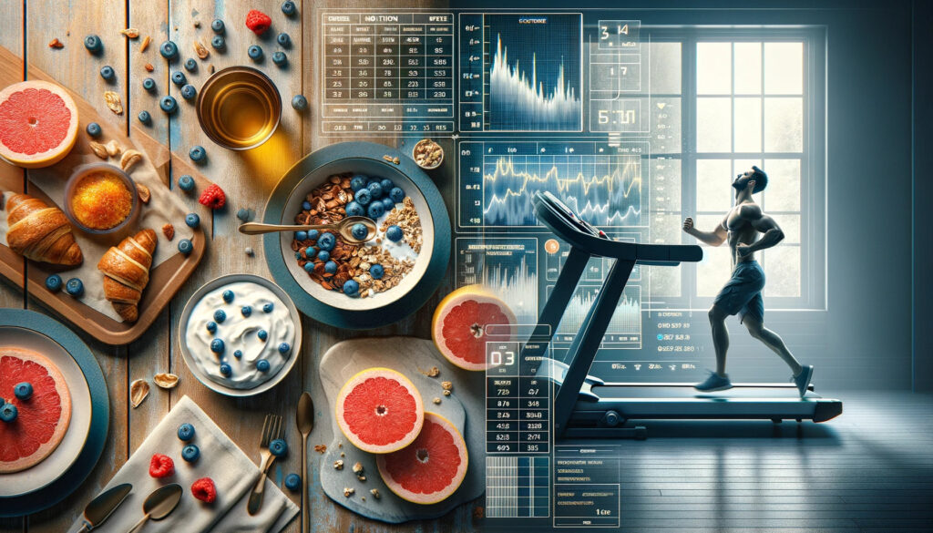 A man running on a treadmill with breakfast food and drinks nearby.