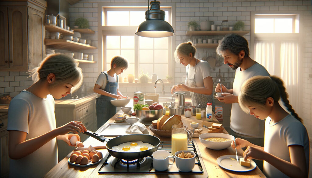 A family joyfully prepares breakfast together in the kitchen, showcasing love, togetherness, and culinary skills.