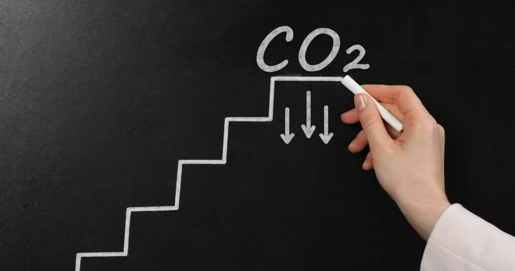 A hand writes "CO2" on a blackboard.