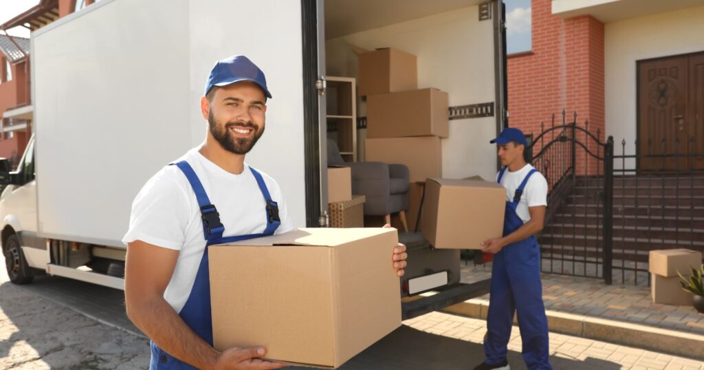 Two men in blue overalls holding boxes, demonstrating a commitment to safe delivery.