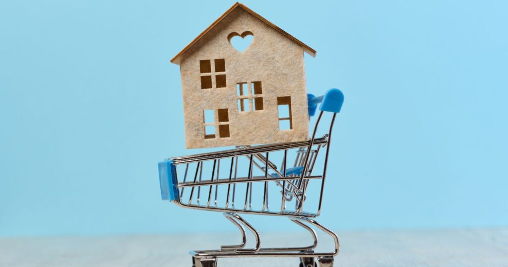 A house in a shopping cart against a blue background, representing the concept of choosing the right home equity loan.