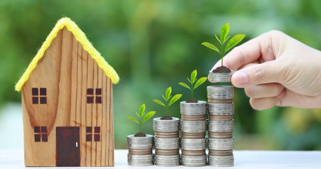 A house adorned with coins and plants, symbolizing growth and prosperity. Illustrates the concept of maximizing benefits with home equity loans.