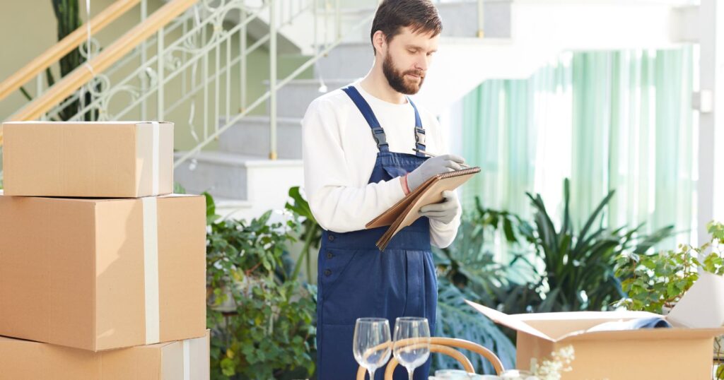 A worker in overalls and an apron stands before boxes. Image represents the 2024 Moving and Storage Industry.