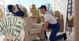 Two men in blue overalls moving furniture with money, representing a moving company tipping service.