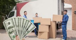 Three men with money in front of a moving truck. Image relates to FAQs on tipping movers.