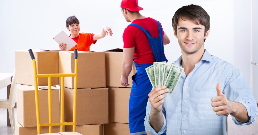 A couple holds money in front of boxes. Alt text: "Couple with money in front of boxes, symbolizing financial decisions."