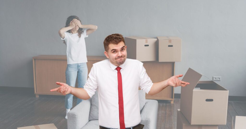 A man in a tie and shirt stands in a room filled with boxes. The image depicts a scene related to "When Not to Tip".