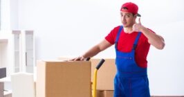 A mover in overalls and red hat holding a box. Understanding Tipping Etiquette for Movers and Packers.